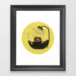 Ghoulish Pink and Yellow Bubble Bathtub Girl Embroidery, Rubber Duck with Top Hat Framed Art Print
