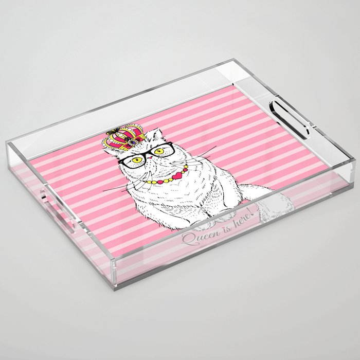 Pink White Geometric Queen Cat Crown Acrylic Tray