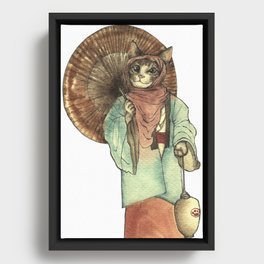 Umbrella Halfing Cat with Her Lantern Framed Canvas
