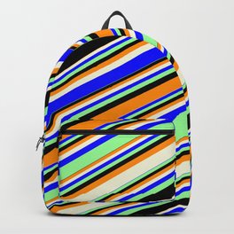 [ Thumbnail: Vibrant Dark Orange, Beige, Blue, Green, and Black Colored Lines/Stripes Pattern Backpack ]