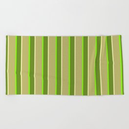 [ Thumbnail: Green, Pale Goldenrod, Dark Khaki & Chartreuse Colored Lines/Stripes Pattern Beach Towel ]