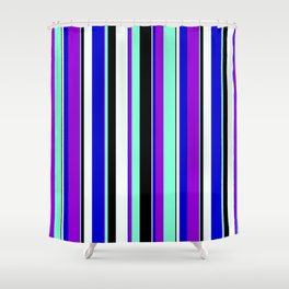 [ Thumbnail: Dark Violet, Aquamarine, Black, Mint Cream & Blue Colored Pattern of Stripes Shower Curtain ]