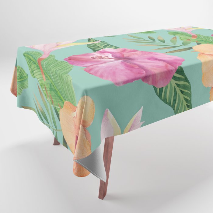 Hawaii Hibiscus Watercolor Teal Tablecloth
