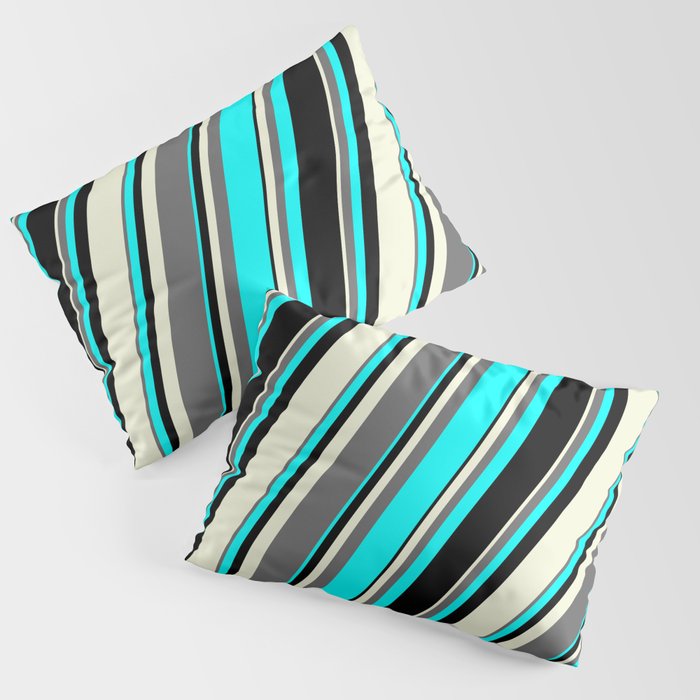 Beige, Dim Grey, Aqua & Black Colored Lines/Stripes Pattern Pillow Sham