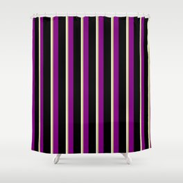 [ Thumbnail: Beige, Dark Khaki, Purple & Black Colored Stripes Pattern Shower Curtain ]