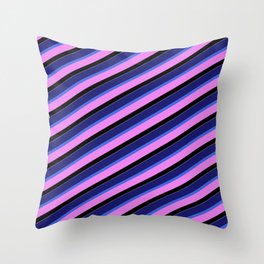 [ Thumbnail: Vibrant Midnight Blue, Royal Blue, Violet, Black, and White Colored Pattern of Stripes Throw Pillow ]
