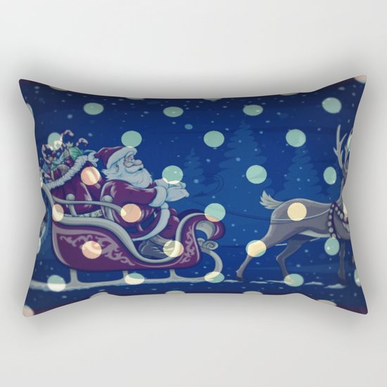 Santa Claus riding his sleigh on a snowy blue Christmas Eve Rectangular Pillow