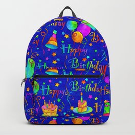 Happy Birthday Celebration with Balloons, Streamers, Cakes in Bright Colors on Blue Backpack