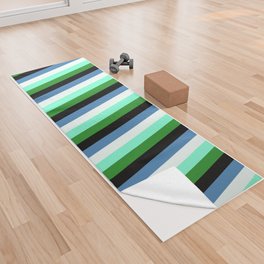 [ Thumbnail: Colorful Forest Green, Aquamarine, Mint Cream, Blue & Black Colored Stripes Pattern Yoga Towel ]
