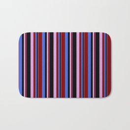 [ Thumbnail: Royal Blue, Maroon, Plum, and Black Colored Striped/Lined Pattern Bath Mat ]
