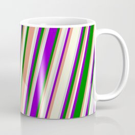 [ Thumbnail: Vibrant Dark Violet, Green, Dark Salmon, Beige, and Light Gray Colored Stripes/Lines Pattern Coffee Mug ]