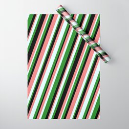 [ Thumbnail: Forest Green, Black, Light Coral & Light Cyan Colored Stripes/Lines Pattern Wrapping Paper ]