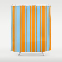 [ Thumbnail: Dark Orange and Light Sky Blue Colored Striped/Lined Pattern Shower Curtain ]