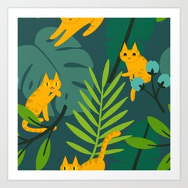 Orange Tabby Cat in Tropical Leaves Art Print