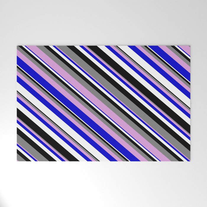 Colorful Grey, Plum, Blue, White, and Black Colored Lined Pattern Welcome Mat