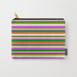 [ Thumbnail: Chocolate, Beige, Orchid & Green Colored Striped/Lined Pattern Carry-All Pouch ]