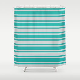 [ Thumbnail: Light Grey & Light Sea Green Colored Striped Pattern Shower Curtain ]