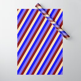 [ Thumbnail: Medium Slate Blue, Maroon, Tan & Blue Colored Pattern of Stripes Wrapping Paper ]
