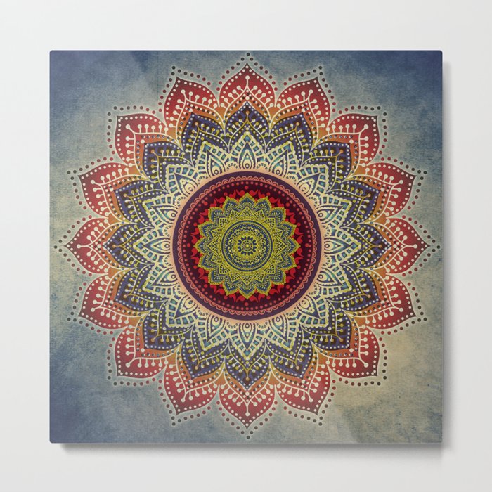 Retro Folk Art - Spirit Lotus Mandala Blue Red Metal Print