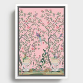 Chinoiserie Pink Fresco Floral Garden Birds Oriental Botanical Framed Canvas