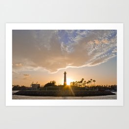 Lighthouse Sunset Art Print | Sunset, California, Longbeach, Ocean, Sunsetclouds, Clouds, Sunburst, Lighthhouse, Photo, Shorelinevillage 
