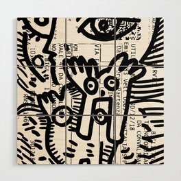 Creatures Graffiti Black and White on French Train Ticket Wood Wall Art