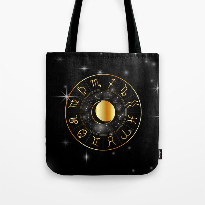 Zodiac astrology wheel Golden astrological signs with moon and stars Tote Bag