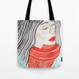 Beautiful lady with closed eyes in a red scarf wearing eyeglasses. Watercolor illustration. Tote Bag