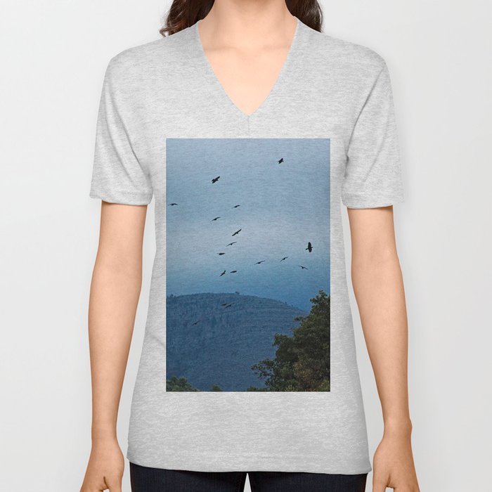 Ravens Flying Birds Clouds Mountains Landscape V Neck T Shirt