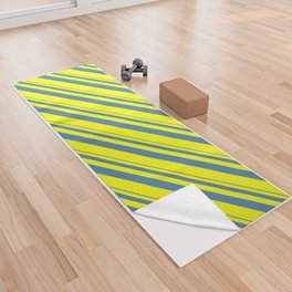 [ Thumbnail: Blue and Yellow Colored Striped Pattern Yoga Towel ]