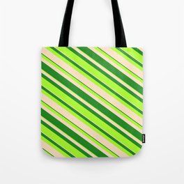 [ Thumbnail: Forest Green, Light Green, and Bisque Colored Striped/Lined Pattern Tote Bag ]