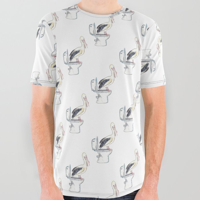 Pelican in the bathroom painting watercolour All Over Graphic Tee