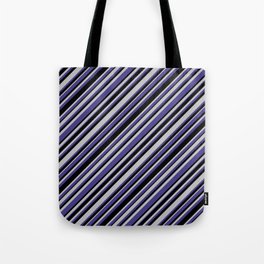 [ Thumbnail: Grey, Dark Slate Blue, and Black Colored Lined/Striped Pattern Tote Bag ]