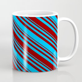[ Thumbnail: Deep Sky Blue and Dark Red Colored Lined Pattern Coffee Mug ]