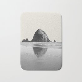 Cannon Beach Haystack Black and White Bath Mat | Pacific Northwest, Haystack Rock, Waves, Cascadia, Oregon, Ocean, Captivating, Sea Stack, Reflection, Black And White 