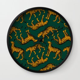 Tigers (Dark Green and Marigold) Wall Clock | Curated, Stripes, Tiger, Drawing, Cats, Marigold, Green, Illucalliart, Wild, Wildlife 