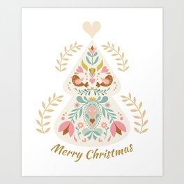Folk Art Inspired Christmas Tree Illustration Art Print