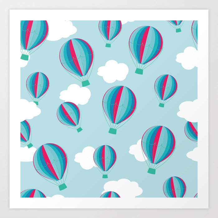 Hot air balloons and clouds - blue and pink Art Print