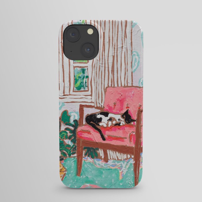 Little Naps - Tuxedo Cat Napping in a Pink Mid-Century Chair by the Window iPhone Case