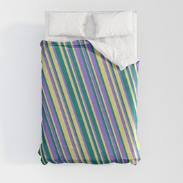 [ Thumbnail: Teal, Purple, and Tan Colored Lines Pattern Duvet Cover ]
