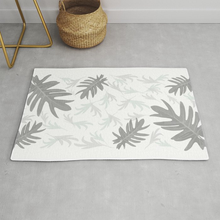 Trio Palm leaves light grey autumn fall tropical black-and-white pattern, society6 Rug
