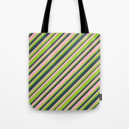 [ Thumbnail: Light Pink, Green & Dark Slate Gray Colored Striped/Lined Pattern Tote Bag ]