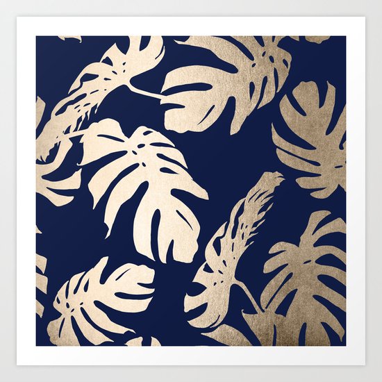 Simply Palm Leaves in White Gold Sands on Nautical Navy Art Print