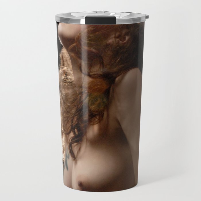 7504-AB Beautiful Transcendent Young Woman with Fire Sign Kanji Tattoo on Bare Breast Travel Mug
