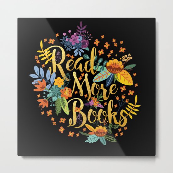 Read More Books - Black Floral Gold Metal Print