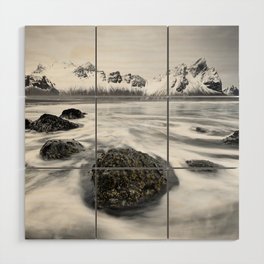 Mountain range in front of wild surf Wood Wall Art