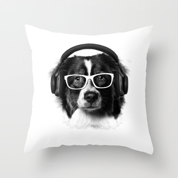 Cute Dog, Headphones and glasses Throw Pillow