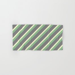 [ Thumbnail: Grey, Light Yellow, and Dark Sea Green Colored Lined/Striped Pattern Hand & Bath Towel ]
