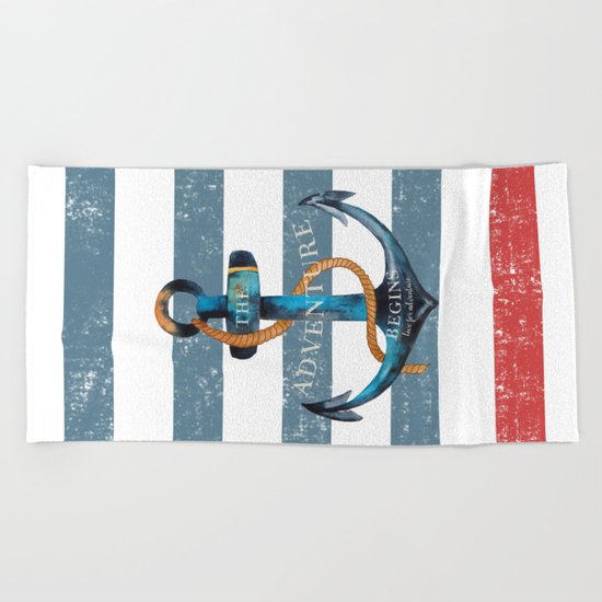 Maritime Design- Nautic Anchor on stripes in blue and red #Society6 Beach Towel