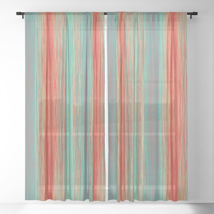 Coral Red Peacock Green Bright Blended Lines Sheer Curtain